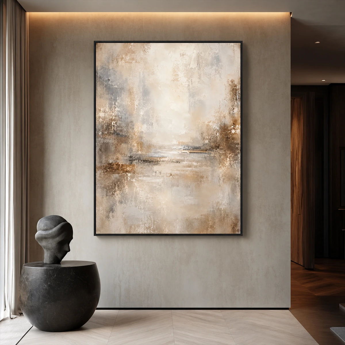 Gilded Haze artwork displayed above a console in a softly lit entryway.