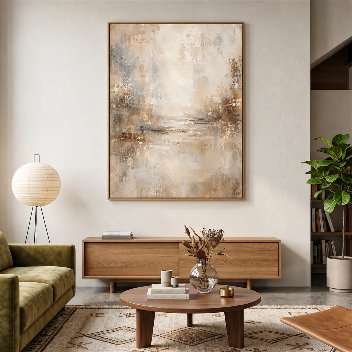 Gilded Haze artwork displayed above a wooden sideboard beside lounge seating.