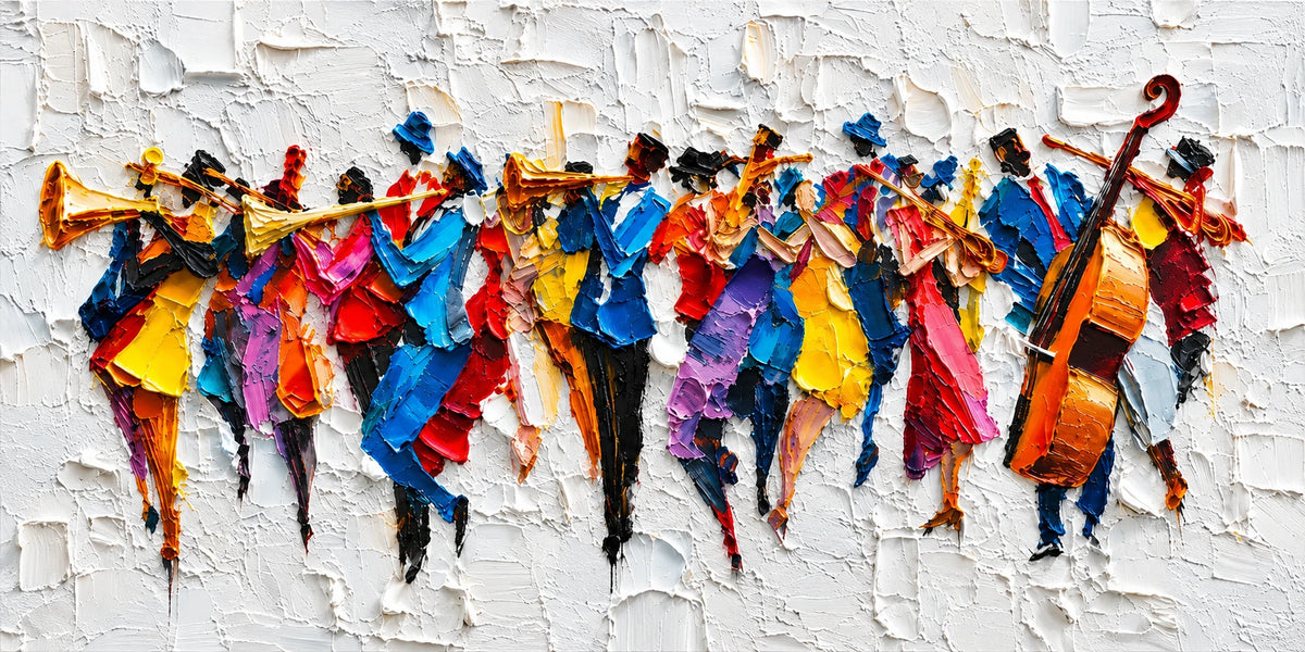 Chromatic Ensemble full artwork. A lively ensemble of musicians stretches across a pale panoramic field, with bright red, blue, yellow, and orange figures gathered around their instruments.