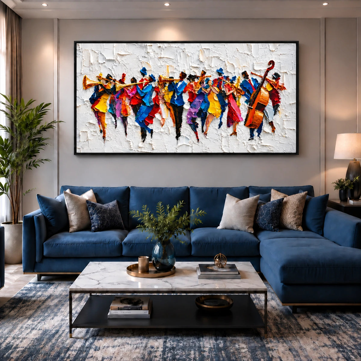 Chromatic Ensemble artwork displayed above a blue sectional in a neutral living room.
