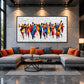 Chromatic Ensemble artwork displayed above a gray sofa with colorful cushions.