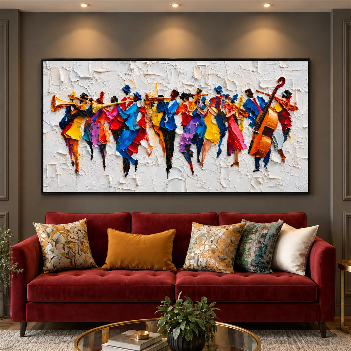 Chromatic Ensemble artwork displayed above a red sofa against a warmly lit wall.