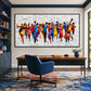 Chromatic Ensemble artwork displayed above a wooden desk and blue chair.