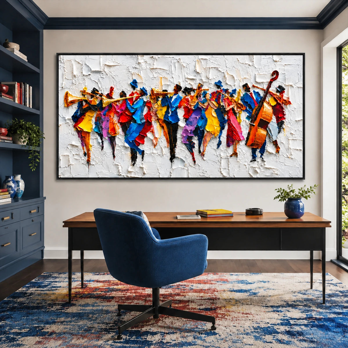 Chromatic Ensemble artwork displayed above a wooden desk and blue chair.