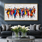 Chromatic Ensemble artwork displayed above a dark sofa behind a floral arrangement.