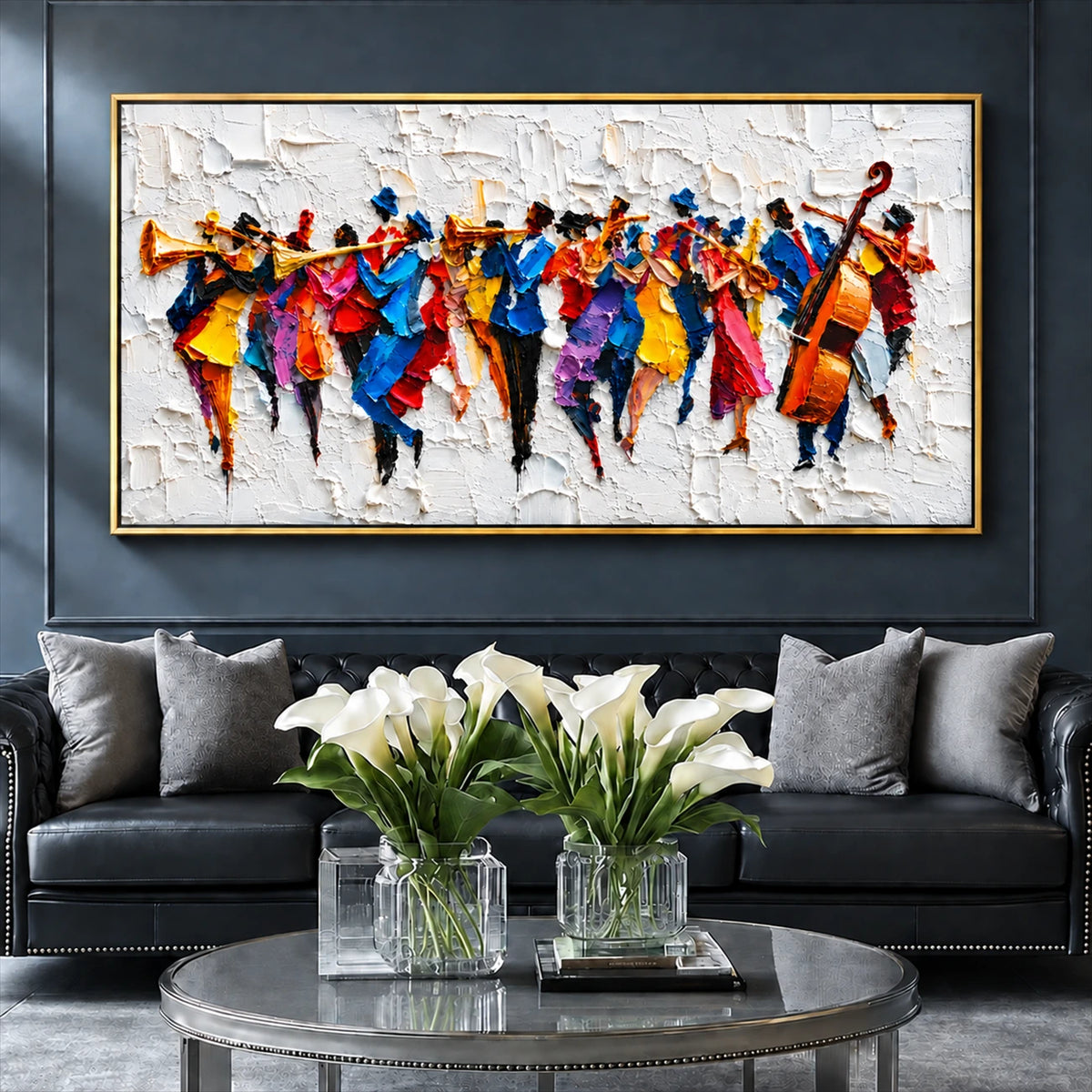 Chromatic Ensemble artwork displayed above a dark sofa behind a floral arrangement.