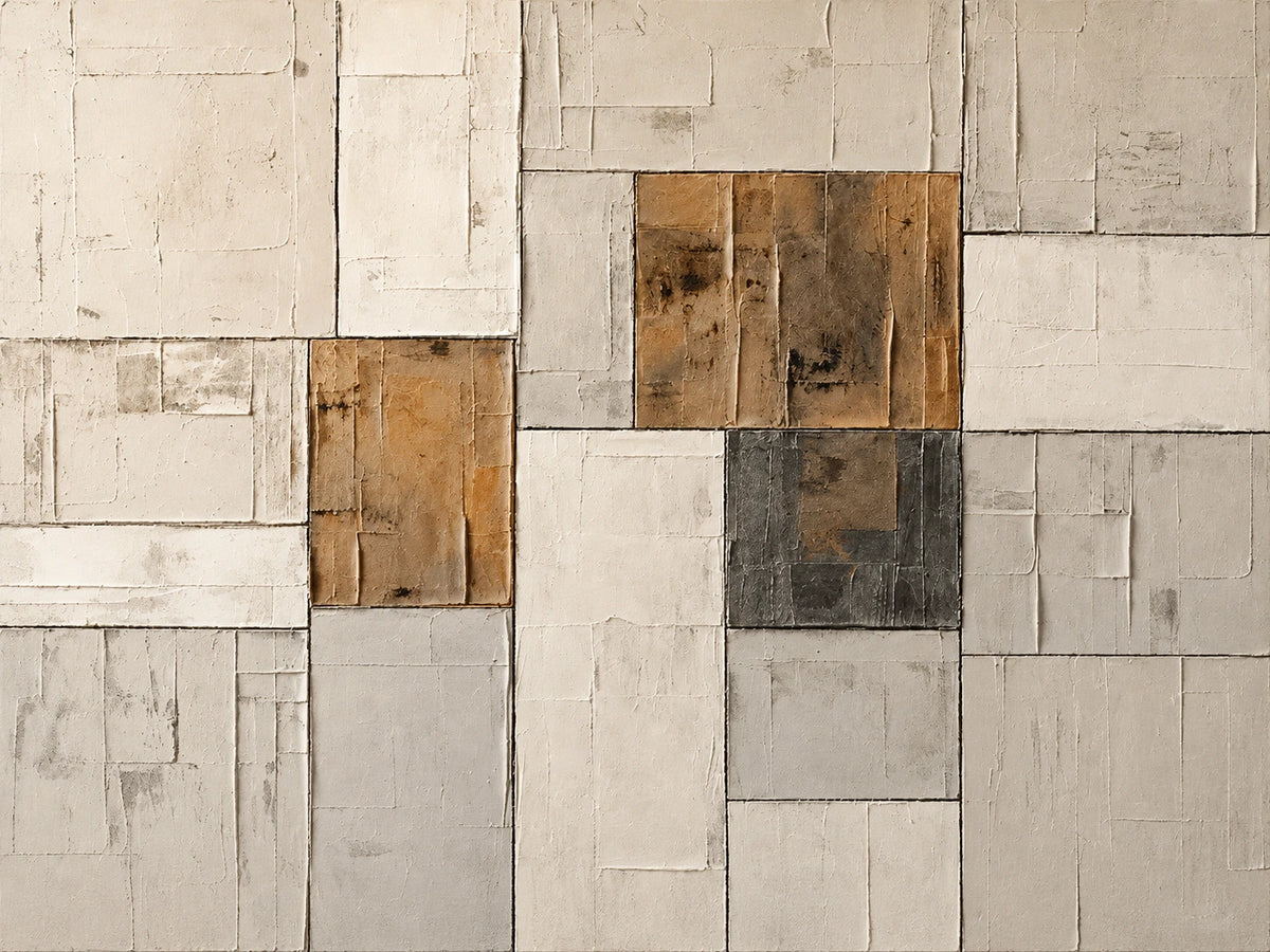 Ochre Masonry full artwork. Weathered ivory rectangles form a broad architectural grid, punctuated by smaller blocks of ochre and charcoal.