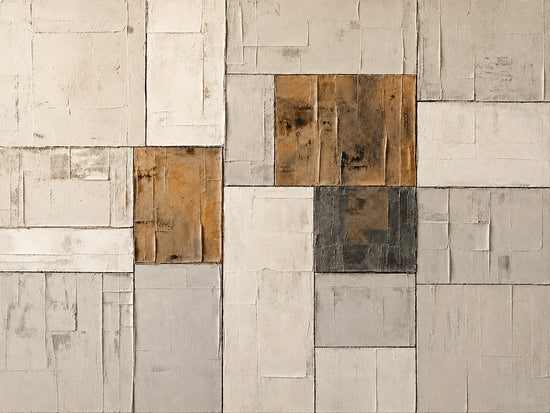 Ochre Masonry full artwork. Weathered ivory rectangles form a broad architectural grid, punctuated by smaller blocks of ochre and charcoal.
