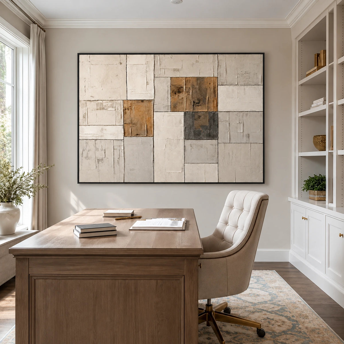 Ochre Masonry artwork displayed above a wooden desk in a bright study.