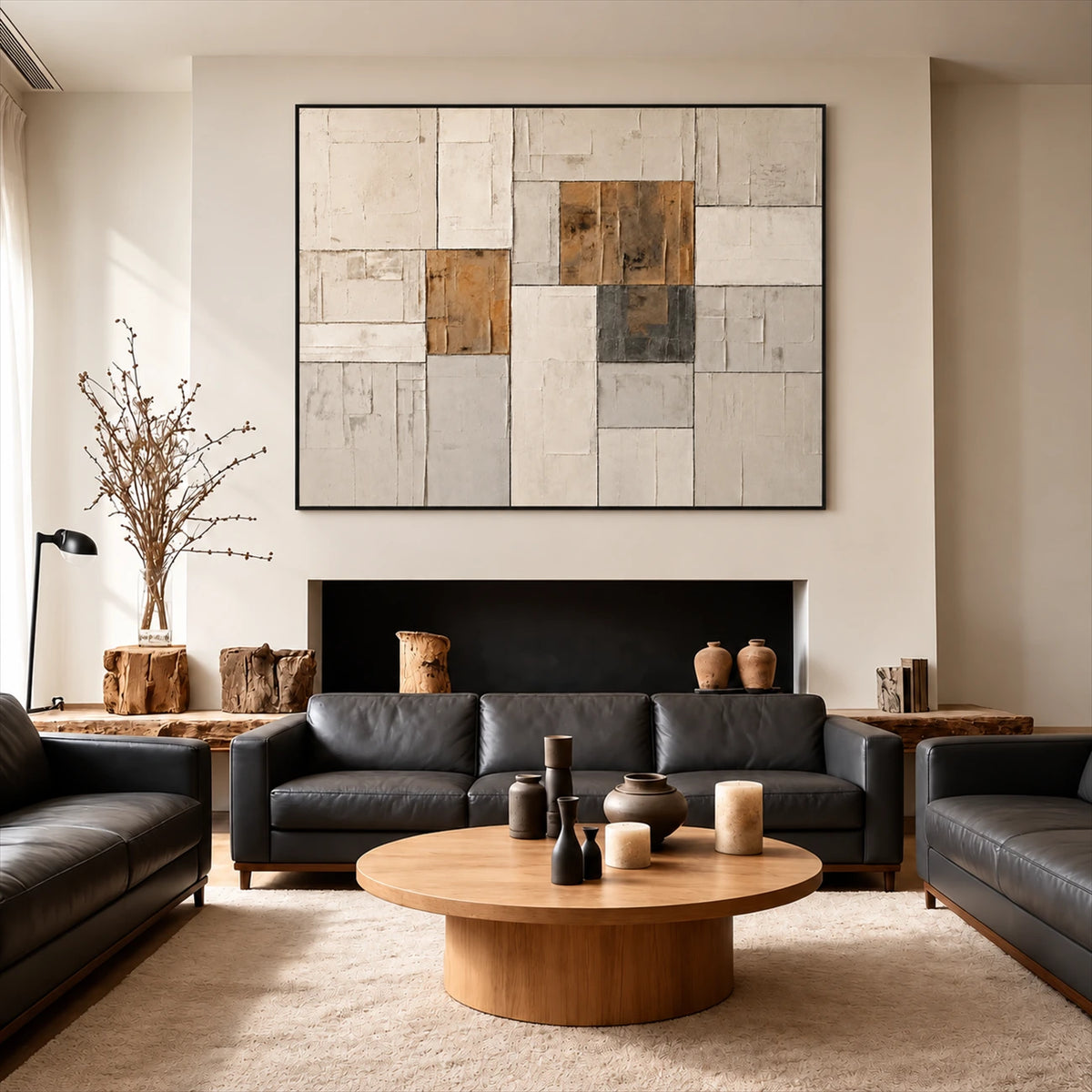 Ochre Masonry artwork displayed above a black sofa in a warm living room.