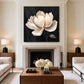 Ivory Magnolia artwork displayed above a fireplace between wall panels.