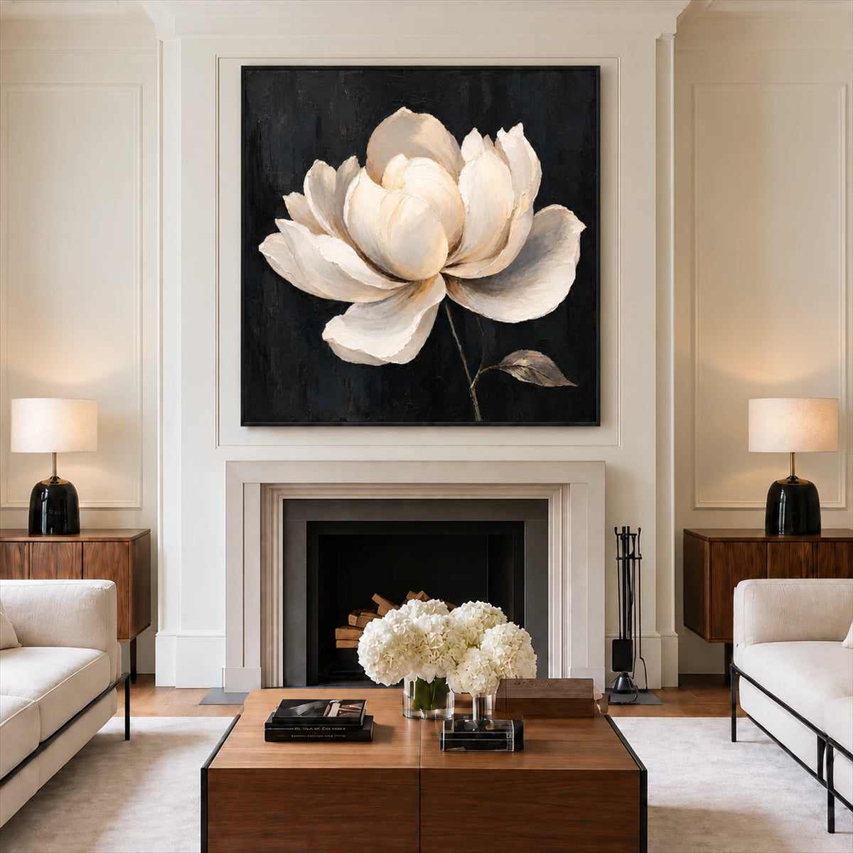 Ivory Magnolia artwork displayed above a fireplace between wall panels.
