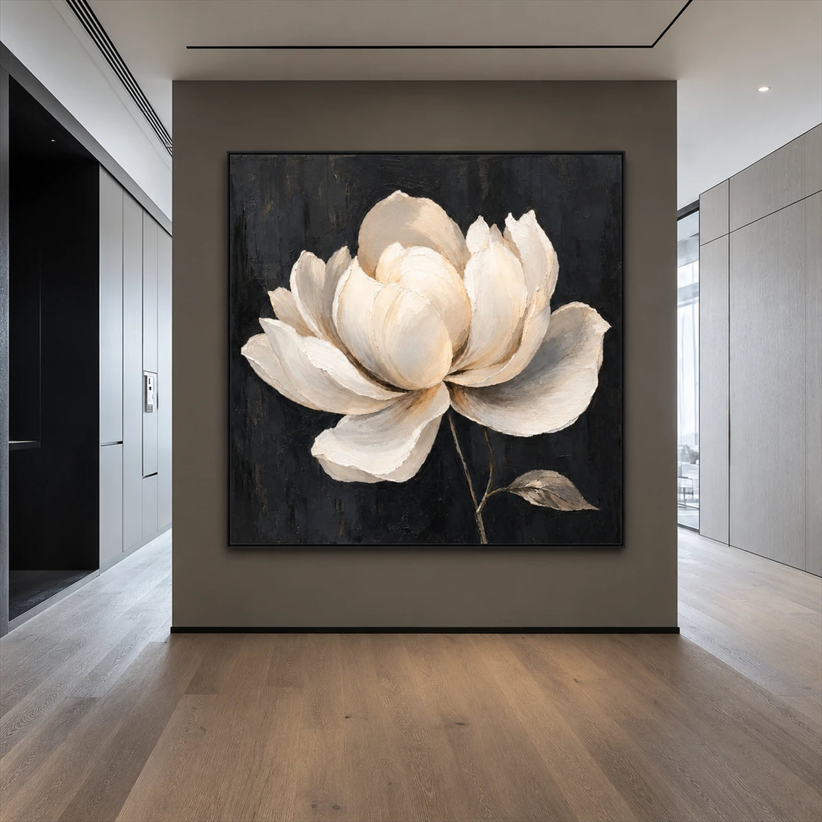 Ivory Magnolia artwork displayed on a charcoal entryway wall.