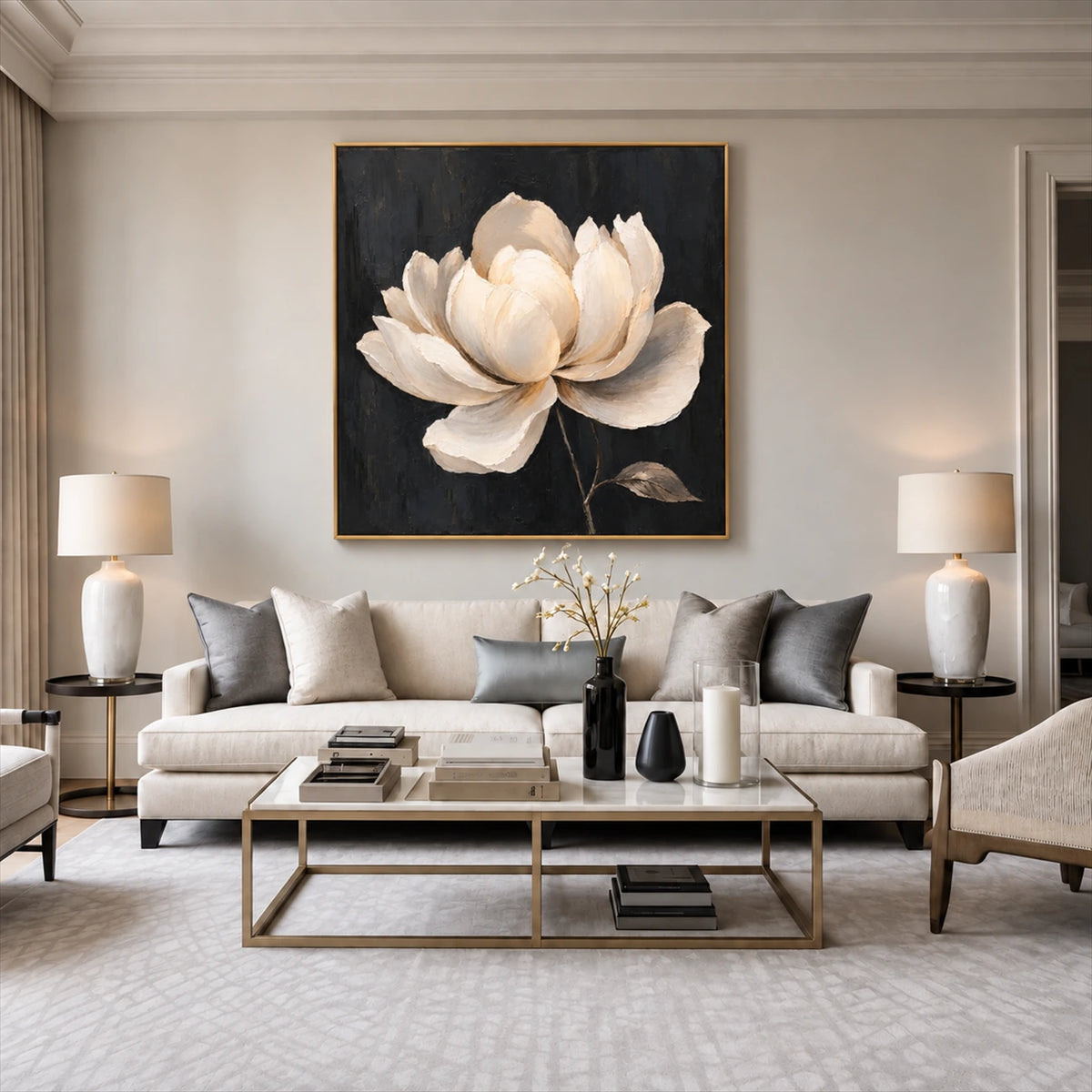 Ivory Magnolia artwork displayed above pale seating and a glass coffee table.