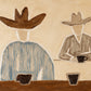 Saddlebreak Coffee full artwork. Two cowboys pause over dark cups, their broad hats and loosely striped shirts set against a warm cream ground.