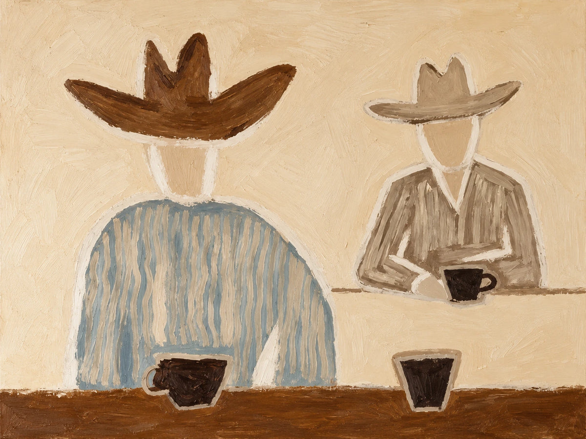 Saddlebreak Coffee full artwork. Two cowboys pause over dark cups, their broad hats and loosely striped shirts set against a warm cream ground.
