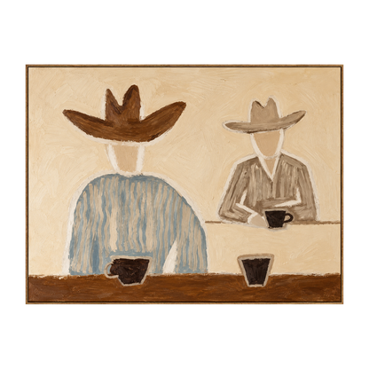 Saddlebreak Coffee artwork in a natural wood frame on a transparent background.
