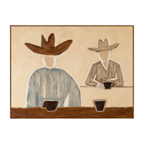 Saddlebreak Coffee artwork in a natural wood frame on a transparent background.