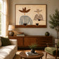 Saddlebreak Coffee artwork displayed above a wooden sideboard behind a round coffee table.