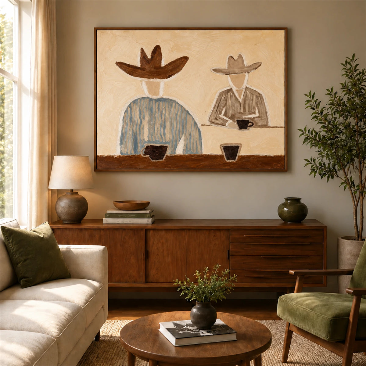 Saddlebreak Coffee artwork displayed above a wooden sideboard behind a round coffee table.