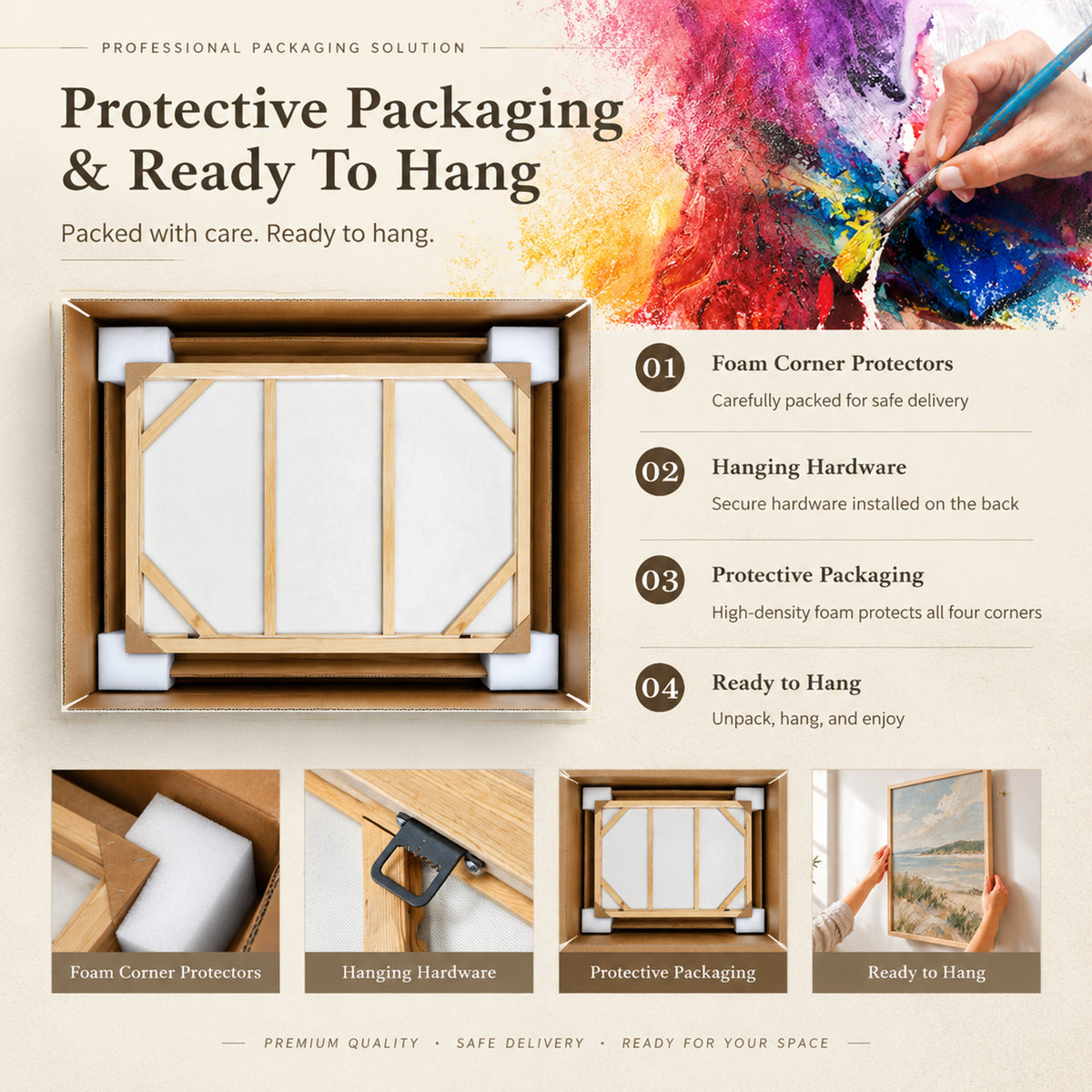 Saddlebreak Coffee Wall Art — Canvoil packaging and hanging guide showing foam corner protection and hanging hardware