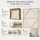 Saddlebreak Coffee Wall Art — Canvoil packaging and hanging guide for framed artwork, showing a carton, foam corner protectors and back hardware
