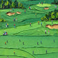 Emerald Fairways full artwork. Rolling green fairways unfold in layered bands, dotted with tiny golfers, pale bunkers, and clusters of trees.
