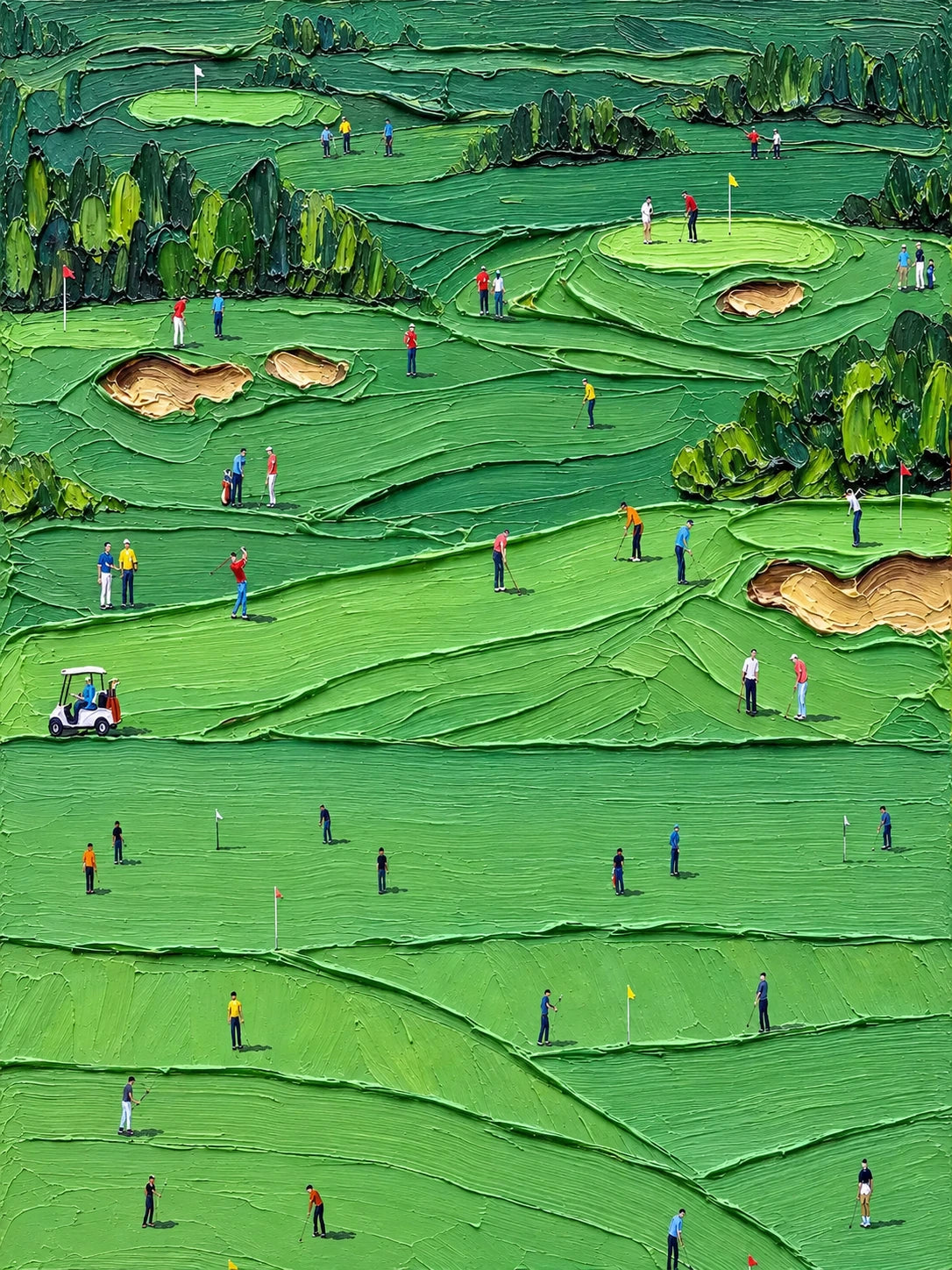 Emerald Fairways full artwork. Rolling green fairways unfold in layered bands, dotted with tiny golfers, pale bunkers, and clusters of trees.