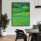 Emerald Fairways artwork displayed beside a dining table and black chairs.