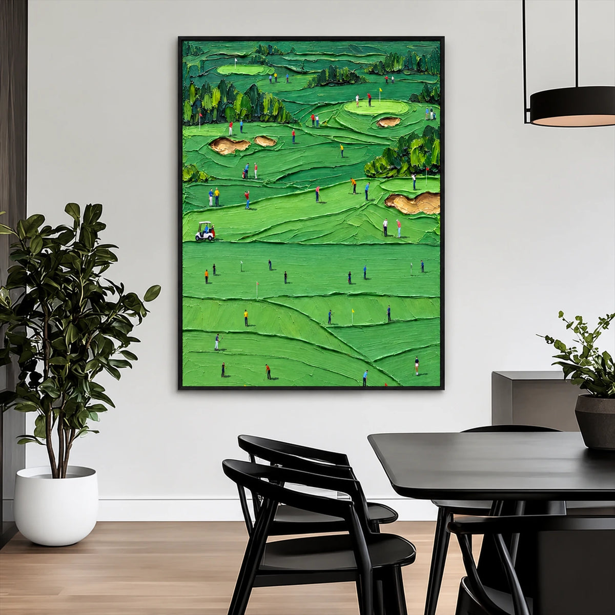 Emerald Fairways artwork displayed beside a dining table and black chairs.