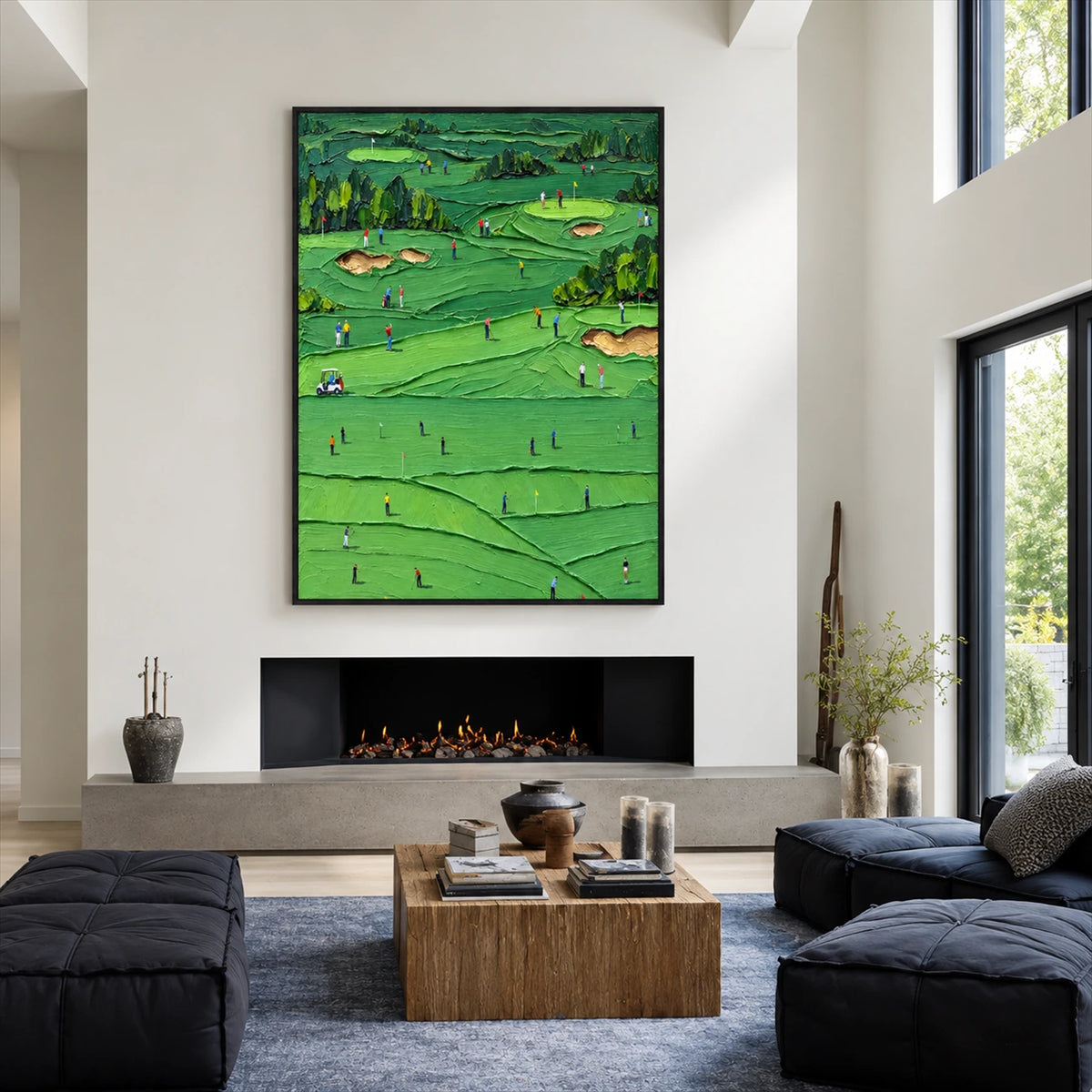 Emerald Fairways artwork displayed above a fireplace between tall windows.
