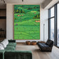 Emerald Fairways artwork displayed beside a window in a high-ceilinged living room.