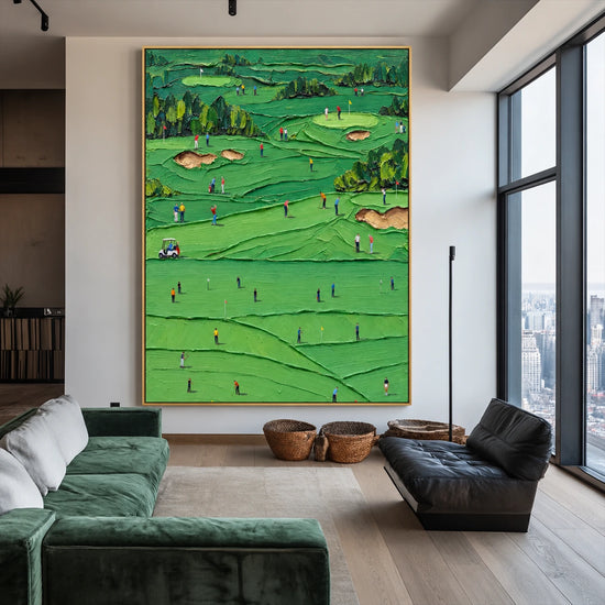Emerald Fairways artwork displayed beside a window in a high-ceilinged living room.