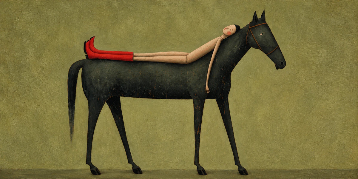 Scarlet Boot Siesta full artwork. A reclining figure stretches across the back of a black horse, bright red boots punctuating an olive field.