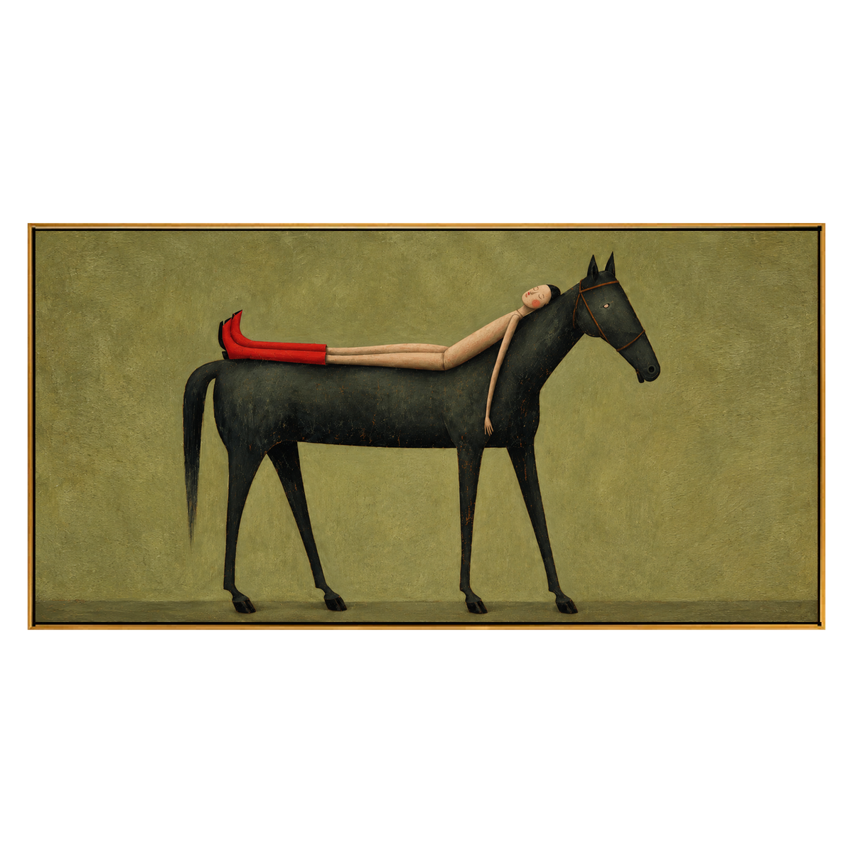 Scarlet Boot Siesta artwork in a natural wood frame on a transparent background.