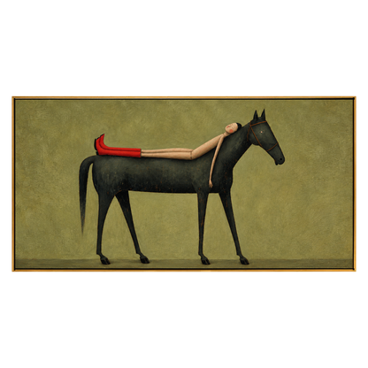 Scarlet Boot Siesta artwork in a natural wood frame on a transparent background.