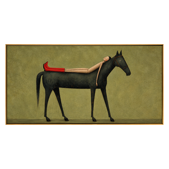 Scarlet Boot Siesta artwork in a natural wood frame on a transparent background.