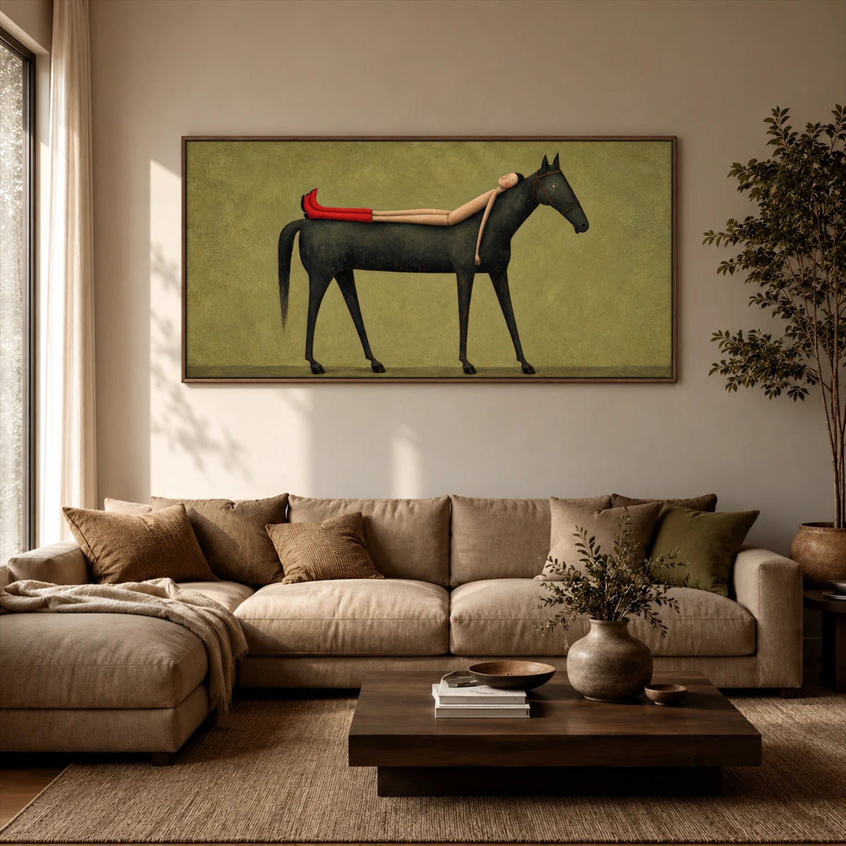 Scarlet Boot Siesta artwork displayed above a brown sofa in a warm living room.