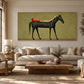Scarlet Boot Siesta artwork displayed above a pale sofa near tall windows.