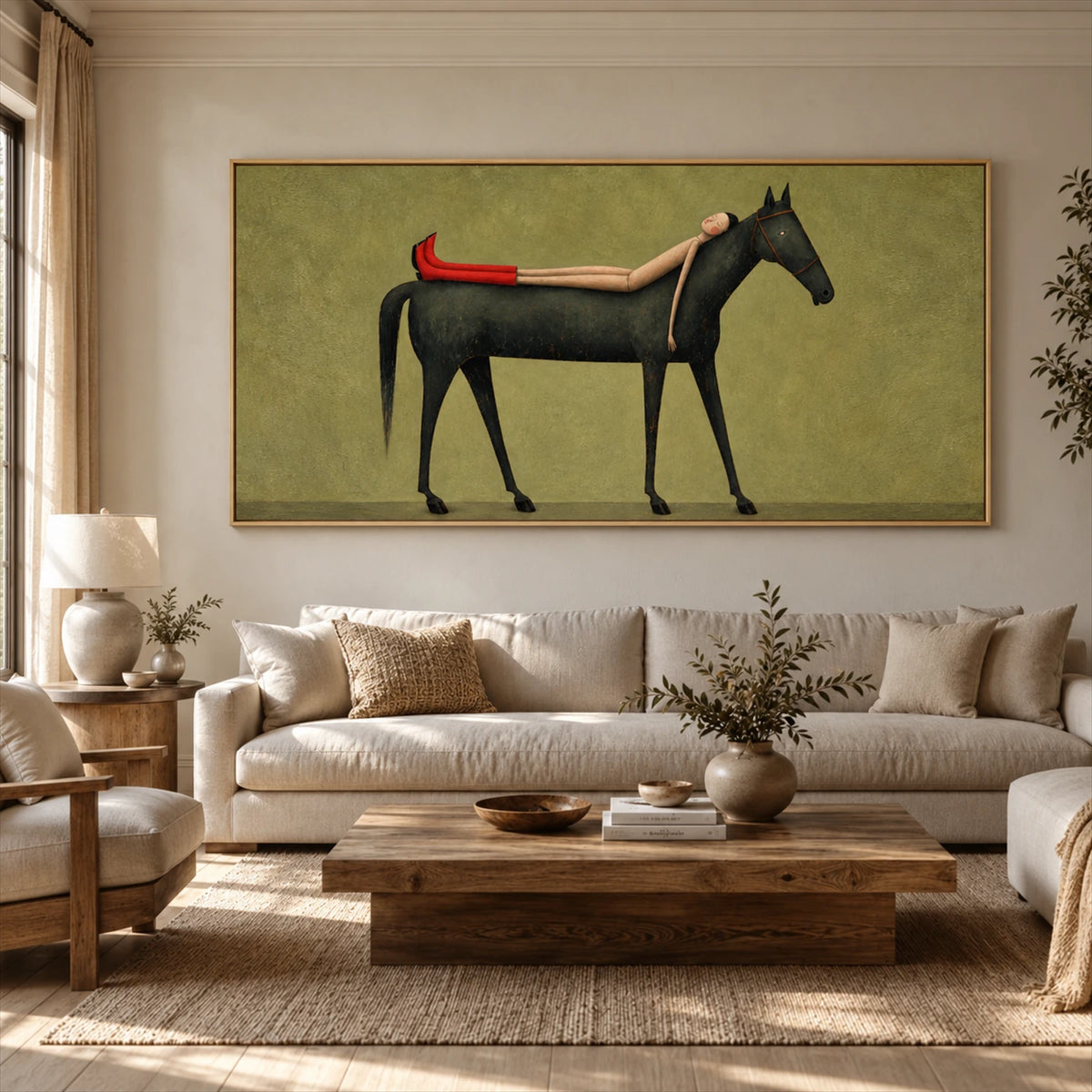 Scarlet Boot Siesta artwork displayed above a pale sofa near tall windows.