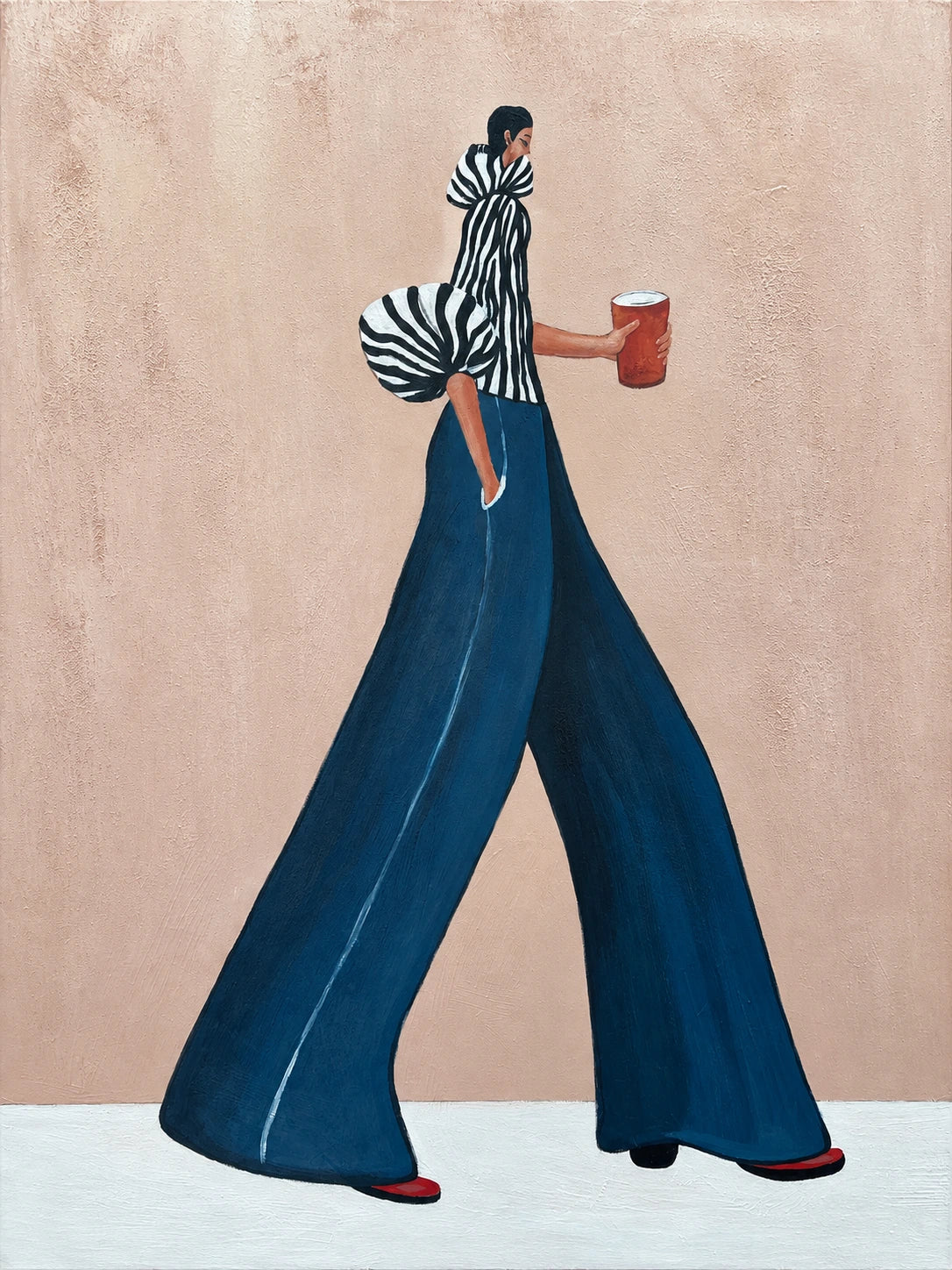 Indigo Stride full artwork. An elongated figure strides across a blush ground in sweeping indigo trousers and a black-and-white striped blouse.