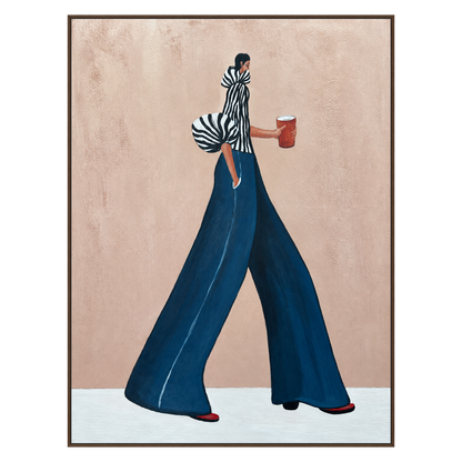 Indigo Stride artwork in a brown wood frame on a transparent background.