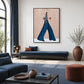 Indigo Stride artwork displayed above a navy bench beside a tall window.