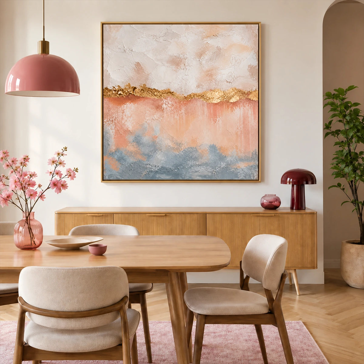 Gilded Blush artwork displayed above a pale dining table with rounded chairs.