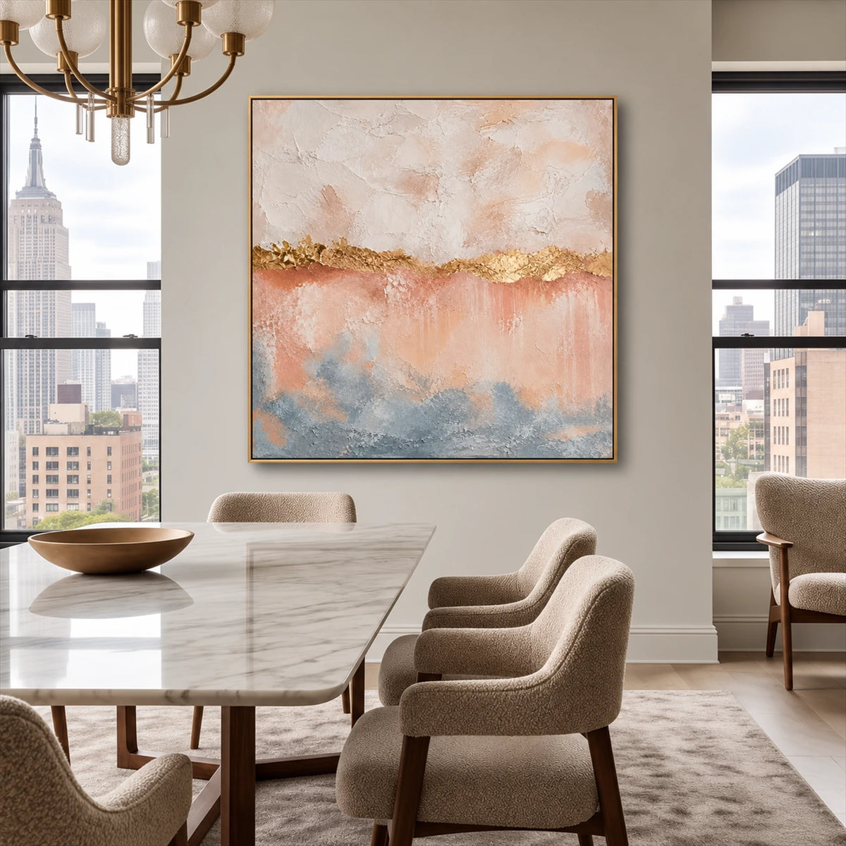 Gilded Blush artwork displayed above a console behind a dining table.