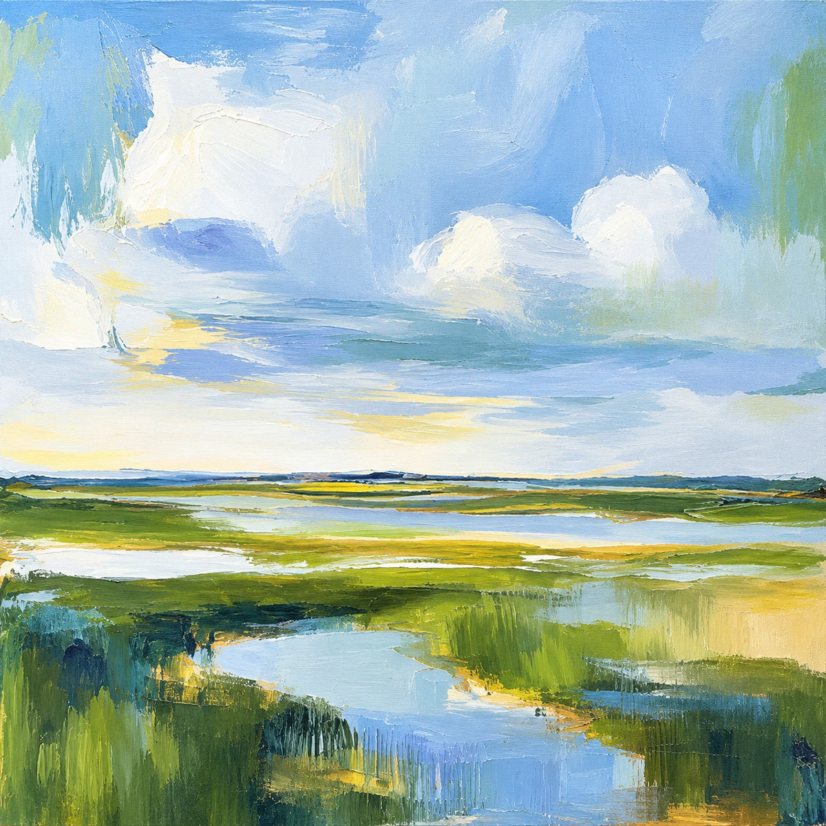 Tidal Meadow full artwork. A winding blue channel crosses sunlit marsh grasses beneath a broad sky of white clouds and soft blue.