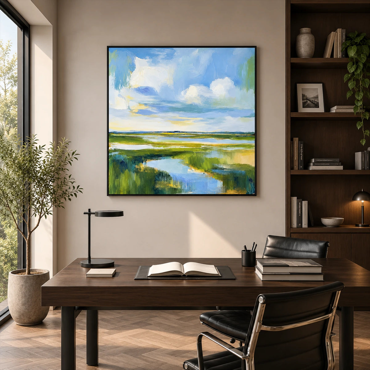 Tidal Meadow artwork displayed above a wooden desk beside dark shelves.