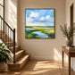 Tidal Meadow artwork displayed beside a staircase in a sunlit entryway.