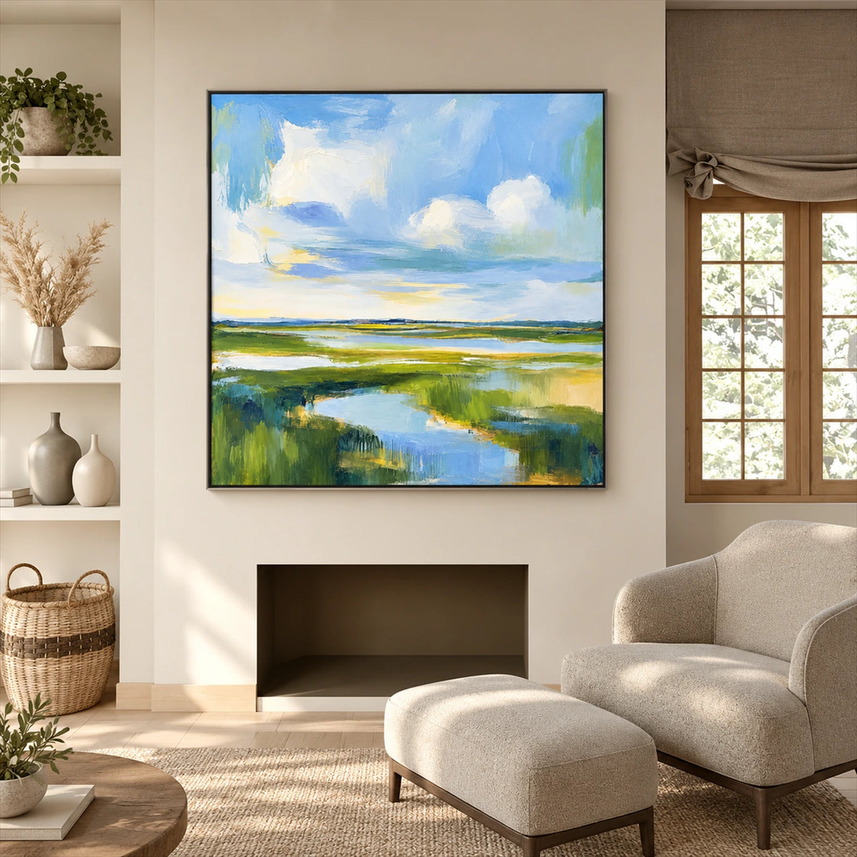 Tidal Meadow artwork displayed above a fireplace in a bright living room.