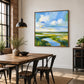 Tidal Meadow artwork displayed beside a dining table and tall windows.